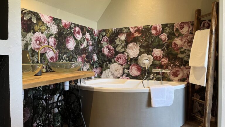 Salle de bain avec baignoire, réservation de nuitées dans une maison à la campagne avec espace bien-être, jacuzzi et sauna entièrement privatif.