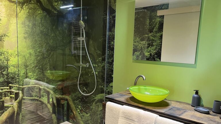 Salle de bain avec douche au rez-de-chaussée, réservation de nuitées dans une maison à la campagne avec espace bien-être, jacuzzi et sauna entièrement privatif.
